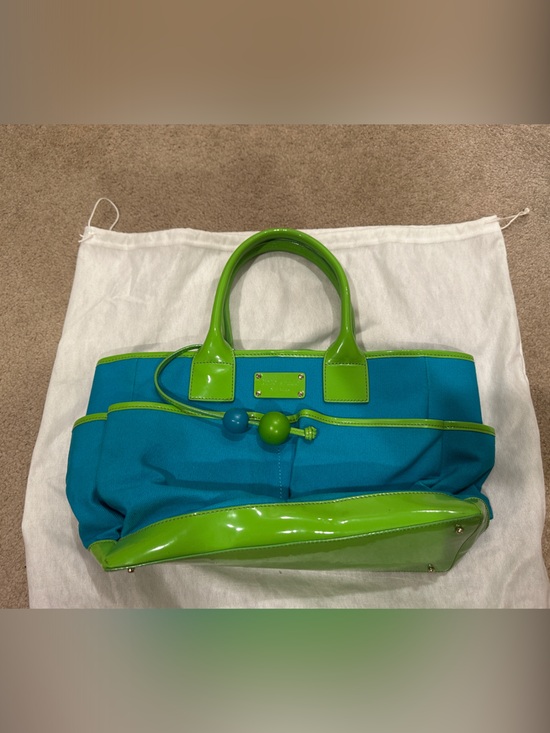 kate spade Handbags - Kate Spade Blue and Lime Patent Trim Tote Bag